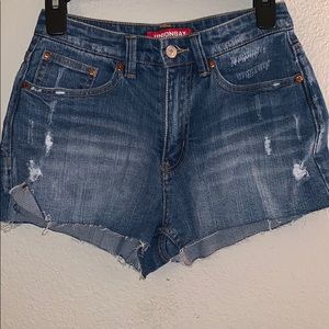 High Waisted Dark Washed Ripped Jean Shorts